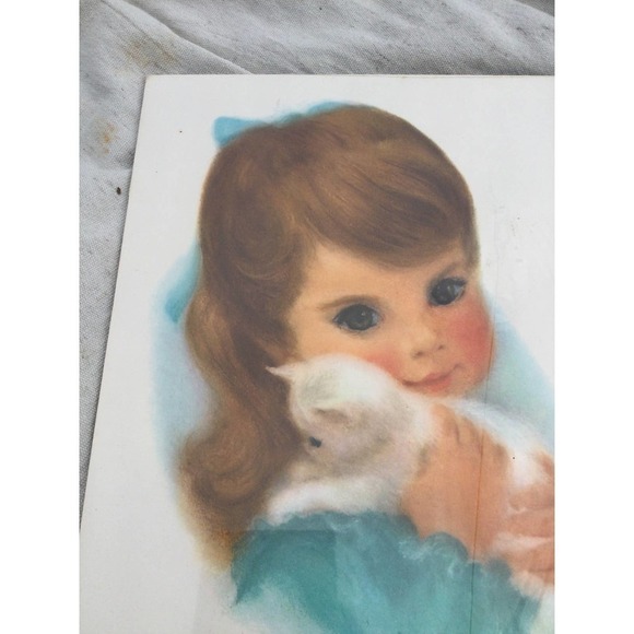 Vintage girl with white cat print brown hair hazel eyes 60s 14 x 11 MCM boho - Picture 2 of 8